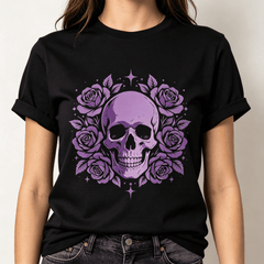 Women Purple Skull Purple Roses Graphic T-Shirt, Crew Neck Short Sleeve Gothic Floral Tee, Dark Aesthetic Star Print Casual Top for Summer Halloween Daily Wear