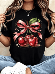 Women Round Neck T Shirt Cherry With Red Ribbon Print Short Sleeve Casual Summer Outfit