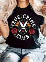 Women'S "True Crime Club" Graphic T-Shirt - Black, Round Neck, Short Sleeve, Casual Knit Top with Rose & Scissors Design, Comfortable for All Seasons, Casual Wear Graphic Tee
