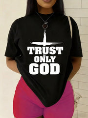 Women'S Trust Only God Christian Faith T-Shirt - Black With Lettering & Cross Design, Casual Round Neck Short Sleeve, Funny Religious Statement Tee