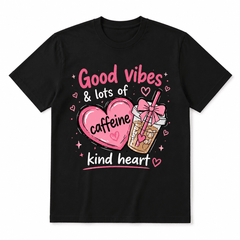Women Soft Crew Neck Short Sleeve Cotton T-Shirt, Good Vibes & Lots Of Caffeine Kind Heart Cute Pink Heart Bow Iced Coffee Cup Positive Graphic Relaxed Fit Daily Coffee Lover Tee