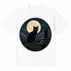 Women Soft Crew Neck Short Sleeve Cotton T-Shirt, Vintage Round Frame Black Cat On Brick Rooftop Big Full Moon Starry Night Old Town Building Gothic Graphic Relaxed Fit Daily Tee