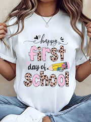 Women T Shirt Happy First Day Of School Leopard Print And Pencil Graphic Round Neck Casual Top For Back To School Season Gift