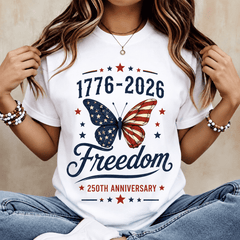 Women's 1776-2026 Freedom Graphic T-Shirt, America 250th Anniversary Patriotic Butterfly Short Sleeve Tee