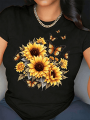 Women's Black Sunflower Butterfly Print T-Shirt - Vibrant Yellow Sunflowers & Orange Butterflies On Black