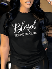 Women's Blessed Beyond Measure Graphic T‑Shirt, Religious Faith Short Sleeve Crew Neck Casual Tee