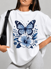 Women’s Botanical Graphic Tee Butterfly Hibiscus Small Wildflowers Glitter Star Beach Vacation Everyday Short Sleeve Shirt