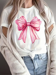 Women's Casual Short-Sleeve T-Shirt With An Elegant Pink Bow Print-Crew-Neck Top