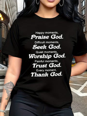 Women's Christian Faith T Shirt, Inspirational Religious Graphic Tee, Praise God Bible Quote Shirt, Spiritual Message Short Sleeve Cotton Top