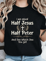 Women’s Christian Graphic Crew Neck T-Shirt, I Am Mixed Half Jesus Half Peter Runup Faith Religious Cross Print Soft Cotton Short Sleeve Tee Casual Church Daily Top