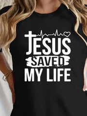 Women's Christian Graphic T-Shirt Jesus Saved My Life Faith Cross Heartbeat Print Inspirational Religious Crew Neck Short Sleeve Casual Summer Tee Gift for Christian Women
