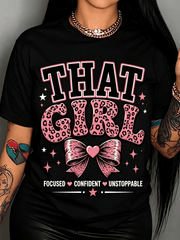 Women’s Crew Neck Short Sleeve T-Shirt, That Girl Pink Leopard Letter Big Bow Heart Star Print Focused Confident Unstoppable Motivational Casual Tee