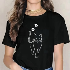 Women's Cute Cat Graphic T Shirt, Minimalist Cat Paw Print Short Sleeve Tee, Funny Pet Lover Shirt, Casual Cotton Top for Cat Lovers, Everyday Summer Wear