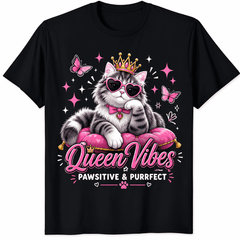 Women's Cute Cat Lover Graphic T-Shirt, Cartoon Queen Kitty Print Crew Neck Short Sleeve Casual Summer Top, Funny Animal Graphic Tee Gift
