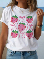 Women's Cute Strawberry Print T-Shirt - Red Strawberries And Pink Bows Short-Sleeve Top, Casual Shirt, Cute Style Strawberry Shirt