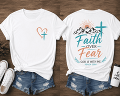 Women's Faith Over Fear Christian Graphic T-Shirt Inspirational Cross Mountain Short Sleeve Crew Neck Casual Religious Tee