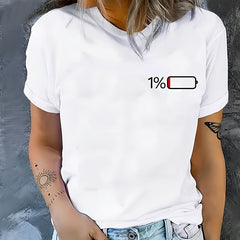 Women's Funny 1% Battery T Shirt, Low Battery Graphic Tee, Minimalist Tech Humor Short Sleeve Shirt, Casual Cotton Top for Everyday Wear