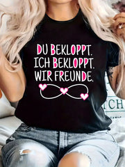 Women's Funny German Friendship Graphic T-Shirt, Casual Crew Neck Short Sleeve Tee, German Quote Print, Cute Heart Infinity Novelty Shirt, Soft Everyday Top