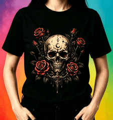 Women's Gothic Crescent Moon Skull Red Rose Graphic T-Shirt, Vintage Drip Blood Floral Tattoo Short Sleeve Crew Neck Casual Tee