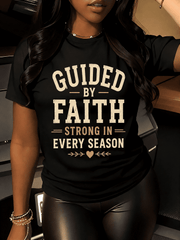 Women's Guided By Faith Strong In Every Season Inspirational Christian Graphic T-Shirt, Vintage Faith-Based Casual Short Sleeve Tee