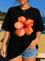 Women's Hibiscus Flower Graphic T-Shirt Casual Oversized Crew Neck Short Sleeve Summer Beach Tee Black