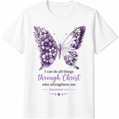 Women’s Inspirational Butterfly Christian T-Shirt – “I Can Do All Things Through Christ” Faith Graphic Tee – Soft Casual Religious Gift Shirt