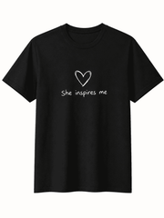 Women's Inspirational Graphic T-Shirt, She Inspires Me Letter Print Crew Neck Short Sleeve Casual Cotton Tee Gift for Wife Girlfriend