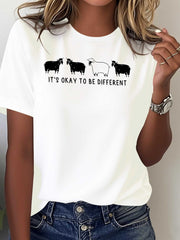 Women's Inspirational Sheep Graphic Tee, It's Okay to Be Different Positive Quote T-Shirt, Cute Black and White Sheep Print Casual Crew Neck Short Sleeve Top, Animal Lover Gift, Everyday Comfortable