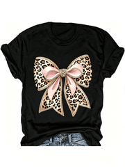 Women's Leopard Print Pink Bow Graphic T‑Shirt, Casual Crew Neck Short Sleeve Fashion Daily Wear Tee