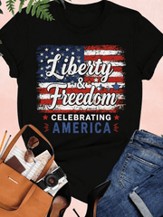 Women's Liberty & Freedom Patriotic Graphic T-Shirt, American Flag Independence Day Short Sleeve Tee