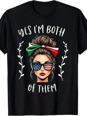 Women's Mexican American Heritage Graphic T-Shirt, Yes I'm Both of Them Print, USA & Mexico Flag Inspired Crew Neck Short Sleeve Casual Tee