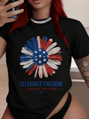 Women’s Patriotic Floral Graphic T-Shirt, Red White Blue Flower Tee, Celebrate Freedom Casual Summer Top