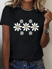 Women's Plus Size Daisy Flower Graphic T-Shirt, Cute White Floral Print Crew Neck Short Sleeve Casual Tee, Soft Breathable Summer Everyday Top, Comfortable Graphic Shirt