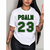Women's Psalm 23 Jersey Premium T-Shirt - Casual short sleeve crew neck t-shirt with bold green lettering, soft and breathable fabric, perfect for holiday parties and gift giving