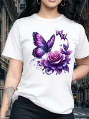 Women's Short Sleeve TShirt, Butterfly Floral Pattern Print, Vintage Elegant Exquisite Cute Sweet Style Round Neck Top, Women's Gift Birthday Gift, Commuting T-Shirt Party TShirt