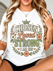 Women’s Soft Black Graphic T-Shirt, Chosen Loved Strong I Am His Vintage Wildflower Crown Faith Inspirational Casual Short Sleeve Tee Gift for Christian Women
