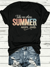Women’s Take Me Where Summer Never Ends Beach Palm Tree Gradient Graphic Short Sleeve T-Shirt, Vacation Tropical Crew Neck Casual Summer Top