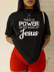Women's There Is Power In The Name Of Jesus Graphic T‑Shirt, Religious Faith Short Sleeve Crew Neck Casual Tee
