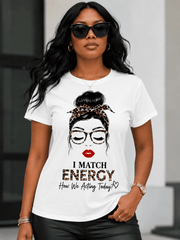 Women's Trendy Graphic Tee I Match Energy Printed Casual Short Sleeve Crewneck T-Shirt Summer Fashion Top