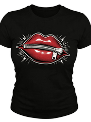 Women's Zipper Red Lips Graphic Crew Neck T-Shirt Retro Pop Art Short Sleeve Casual Top