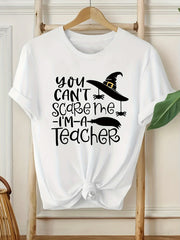 Teacher Halloween Graphic T-Shirt - 100%COTTON Casual Crew Neck, Medium Stretch, Knit Fabric, Seasonal Drawing Pattern, Comfort Fit Women's Top