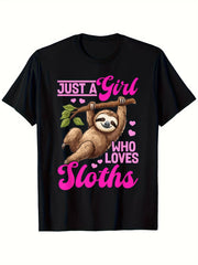 Just A Girl Who Loves Sloths Cute Funny Graphic Tee for Men Women, Adorable Lazy Animal Short Sleeve T-Shirt, Casual Crew Neck Top for Sloth Lover Gift