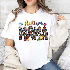 Autism Mama Puzzle Pieces And Ribbon Print T Shirt White Crewneck Casual Wear For Autism Awareness Support And Motherhood