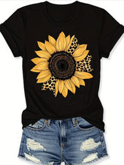 2026 Sunflower Leopard Print T-Shirt for Women, Black Summer Short Sleeve Tee, Casual Crew Neck Top with Cute Floral Animal Pattern Lightweight Breathable for Daily Wear
