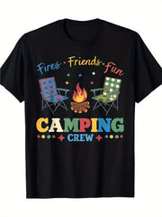 Fires Friends Fun Camping Crew Graphic T-Shirt, Unisex Cotton Crew Neck Top, All Season Outdoor Camper Tee, Casual Apparel For Adventure Lovers And Camping Groups