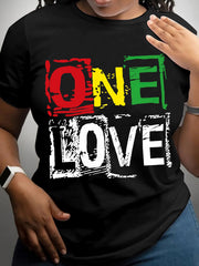 ONE LOVE Graphic T-Shirt - Black Casual Short Sleeve Crew Neck Top with Colorful Block Lettering, Breathable Summer Tee for Casual Attire & Special Occasions, Ladies T Shirts