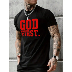 T - shirt featuring bold “GOD FIRST” slogan, for faith - centered fashion