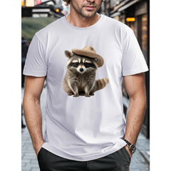 Men's Raccoon Print T-shirt, Casual Short Sleeve Graphic Tee in Soft 100% Cotton for Daily Leisure and Travel, Shortsleeve, Tshirt, Sports, Crew Neck