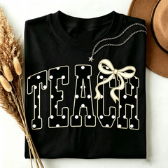 Teach Polka Dot Bow Graphic T‑Shirt for Women, Cute Retro Casual Crewneck Short Sleeve Tee, Teacher Appreciation Gift Top