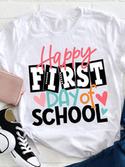 Women's Back to School Graphic T-Shirt, Happy First Day of School Cute Heart Print Tee, Casual Crew Neck Short Sleeve Cotton Shirt, Teacher Appreciation Gift